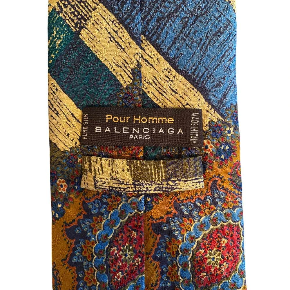 Balenciaga Paris Pour Homme Silk Tie Blue‎ Gold Paisley Abstract Geometric Italy